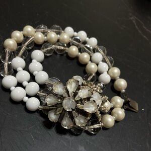 Miriam Haskell White Signed Faux Pearl and Glass Beaded Bracelet
